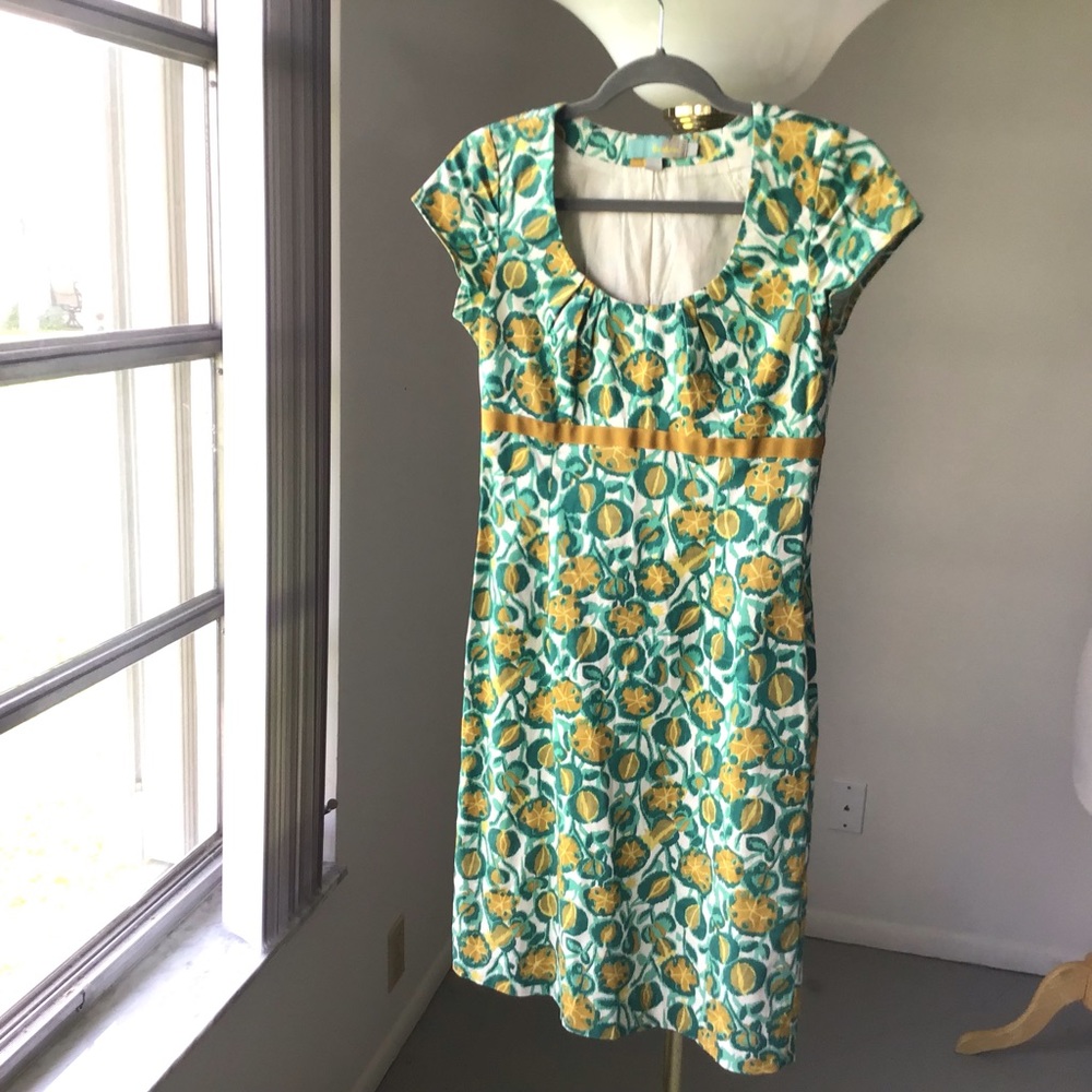 Boden Teal & Yellow Floral Scoop-Neck Dress